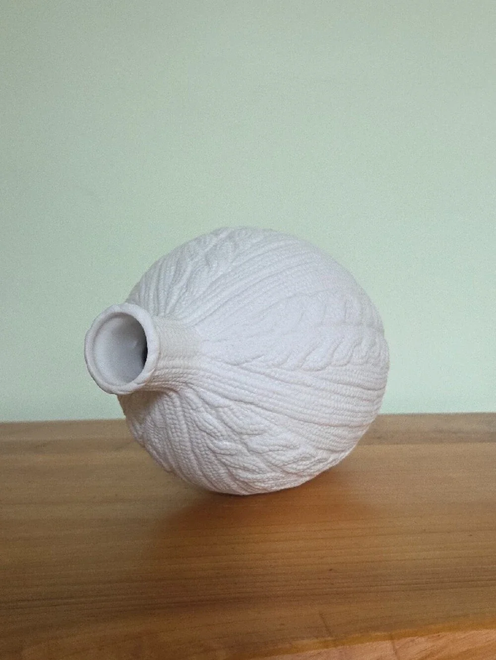 Crate & Barrel Matte White Cable Knit Sweater Ceramic Vase /Cozy Coastal Neutral
